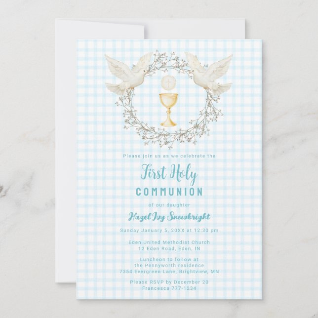 002 Cerulean Dove & Chalice Gingham Första Kommuni Inbjudningar (Framsida)