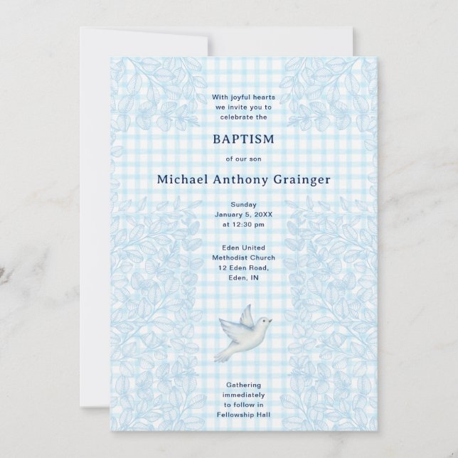002 Cerulean Duva Botanisk Kors Gingham Dop Inbjudningar (Framsida)