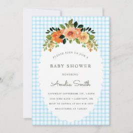 002 Cerulean Floral Gingham Baby Shower Invitation Inbjudningar
