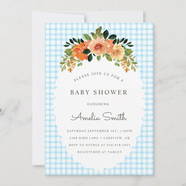 002 Cerulean Floral Gingham Baby Shower Invitation Inbjudningar (Framsida)