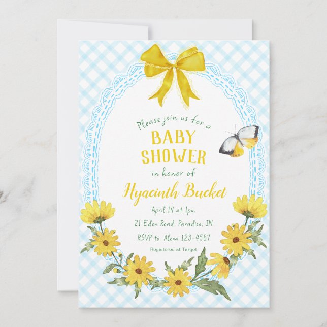 002 Cerulean Gul Daisy Båg Gingham Barnkalas Inbjudningar (Framsida)