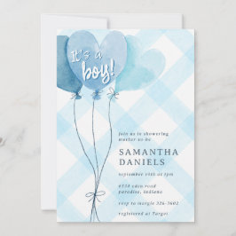 002 Cerulean Hjärtbalong Rutig Baby Shower Inbjudningar