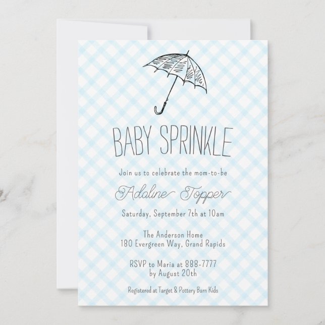 002 Cerulean Modern Paraply Baby Sprinkle Gingham Inbjudningar (Framsida)