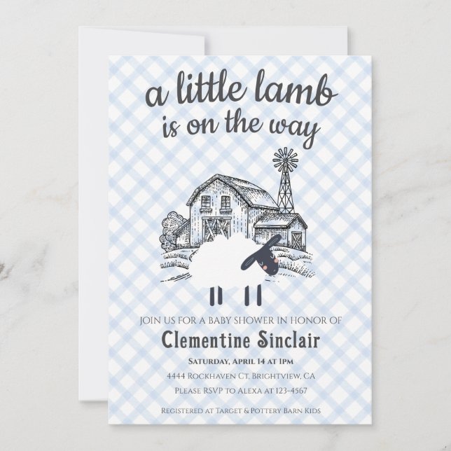 003 Cobalt Blue A Little Lamb Gingham Baby Shower Inbjudningar (Framsida)