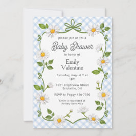 003 Cobalt Blue Floral Daisy Plaid Baby Shower Inbjudningar