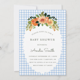 003 Cobalt Floral Gingham Baby Shower Invitations Inbjudningar