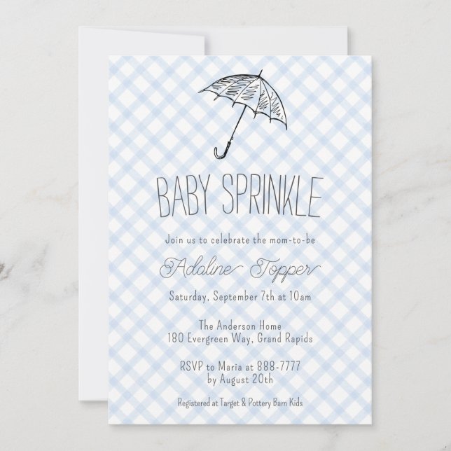 003 Kobolt Modern Paraply Baby Sprinkle Gingham Inbjudningar (Framsida)