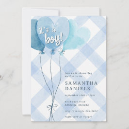 003 Koboltblå hjärtballong i gingham Baby Shower Inbjudningar