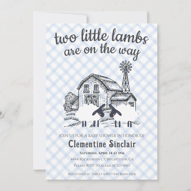 003 Koboltblå lilla lamm Rutig baby shower Inbjudningar (Framsida)
