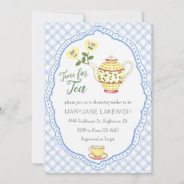 003 Koboltblå Söt Gingham Tekväll Baby Shower Inbjudningar