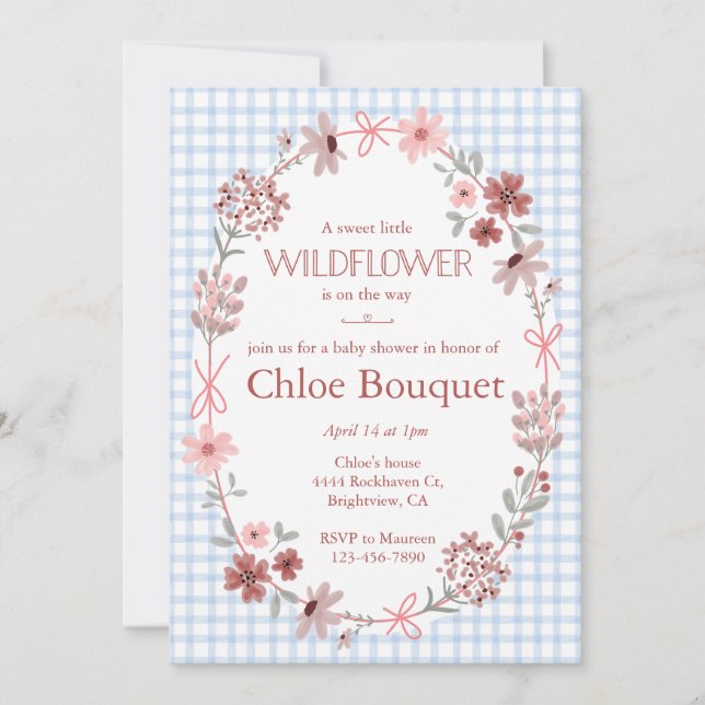 003 Koboltblå vildblomma båge rutig baby shower Inbjudningar (Framsida)