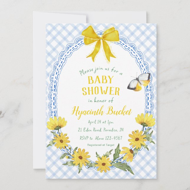 003 Koboltgul Daisy-båge Gingham Bebisdusch Inbjudningar (Framsida)