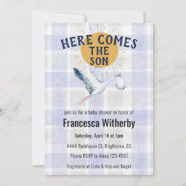 004 Indigo 020 Fog Sun Plaid Stork Baby Shower Inbjudningar