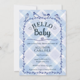 004 Indigo Akvarell Rutigt Mönster Fåglar Babykala Inbjudningar