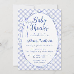 004 Indigo Blå Anrika Spetsrandig Gingham Babyfira Inbjudningar