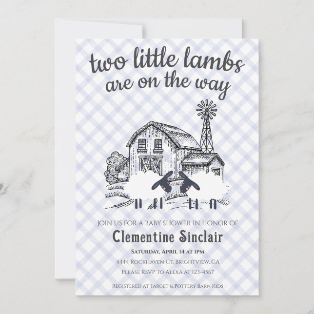 004 Indigo Blå Lilla Lamm Rutig Baby Shower Inbjudningar (Framsida)