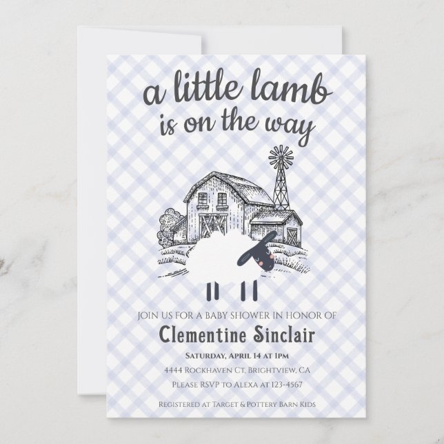 004 Indigo Blue A Little Lamb Gingham Baby Shower Inbjudningar (Framsida)