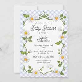 004 Indigo Blue Floral Daisy Plaid Baby Shower Inbjudningar