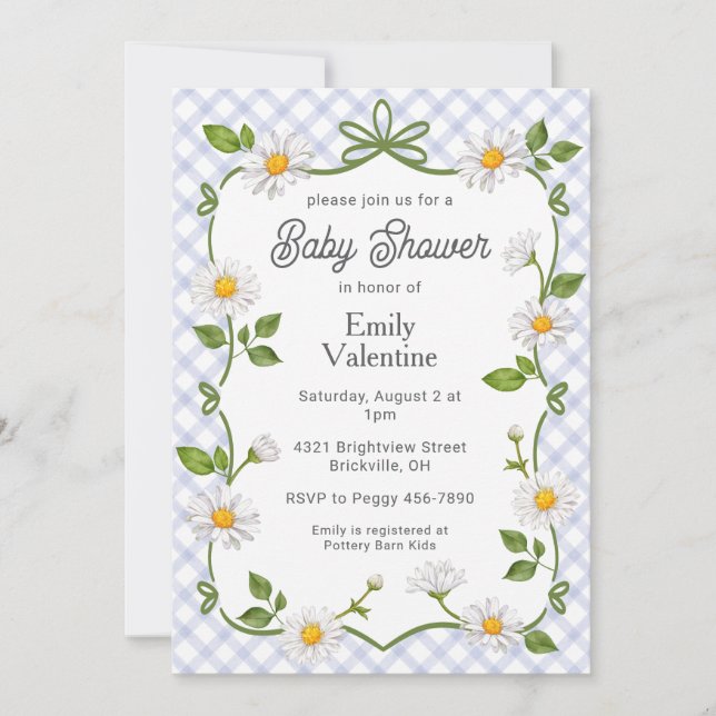004 Indigo Blue Floral Daisy Plaid Baby Shower Inbjudningar (Framsida)