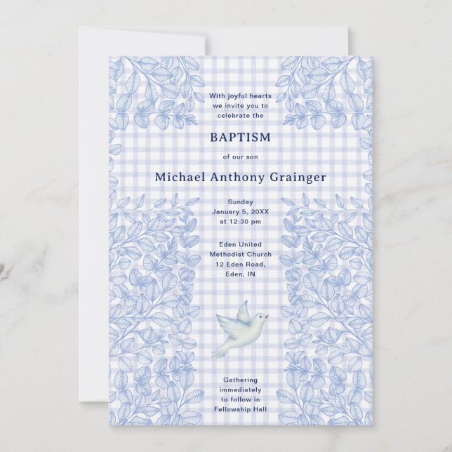 004 Indigo Dove Botaniskt Kors Gingham Dop Inbjudningar (Framsida)