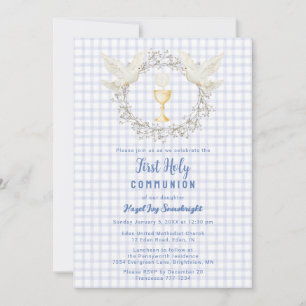 004 Indigo Dove & Chalice Gingham Första Kommunion Inbjudningar