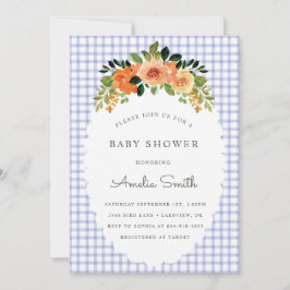 004 Indigo Floral Gingham Baby Shower Invitations Inbjudningar