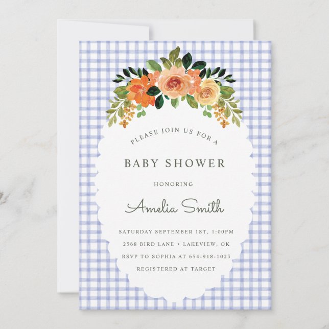 004 Indigo Floral Gingham Baby Shower Invitations Inbjudningar (Framsida)