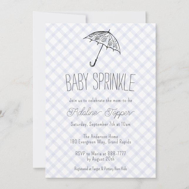 004 Indigo Modern Paraply Baby Sprinkle1 Gingham Inbjudningar (Framsida)