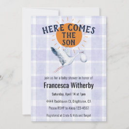 004 Indigo Watercolor Plaid Stork Boho Baby Shower Inbjudningar