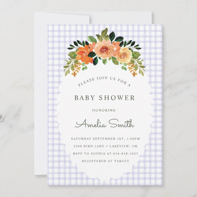 005 Iris Floral Gingham Baby Shower Invitations Inbjudningar (Framsida)