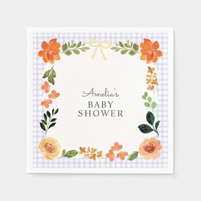 005 Iris Lavendel Blommig Gingham Bebis Shower Pappersservett (Framsidan)