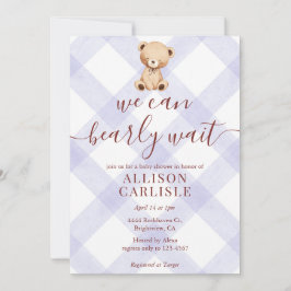 005 Iris Lavender Teddy Bear Gingham Baby Shower Inbjudningar
