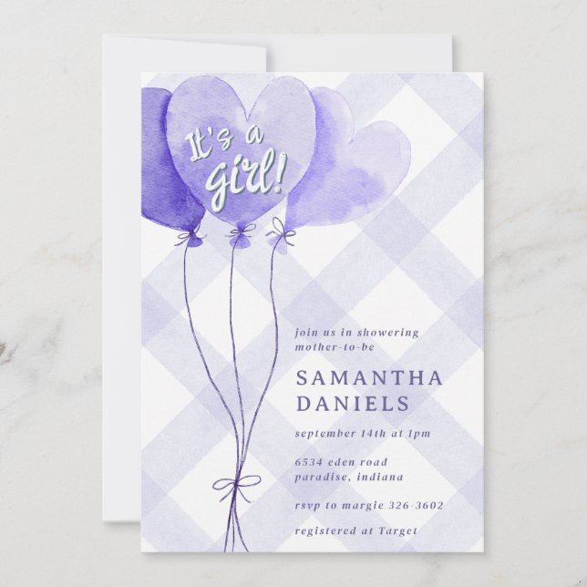 005 Iris Lila Ballong Gingham Bebisdopp Inbjudningar (Framsida)