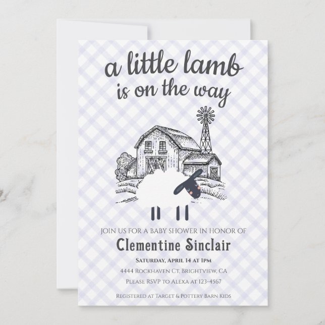 005 Iris lila Ett litet lamm Gingham Baby Shower-i Inbjudningar (Framsida)
