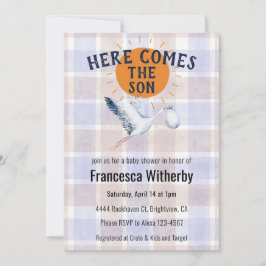 005 Iris Vattenfärg Rutig Stork Boho Bebis Shower Inbjudningar