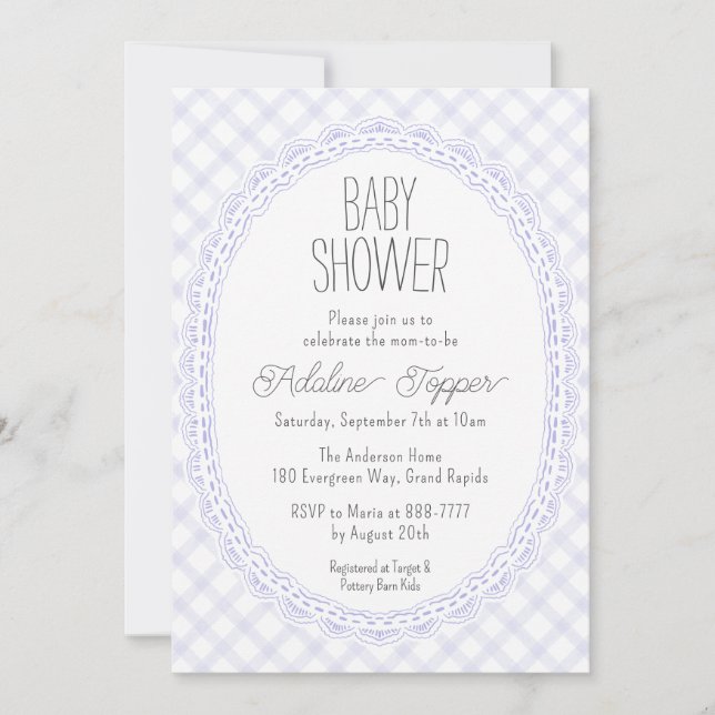 005 Iris Vintage Spetsram Gingham Baby Shower Inbjudningar (Framsida)