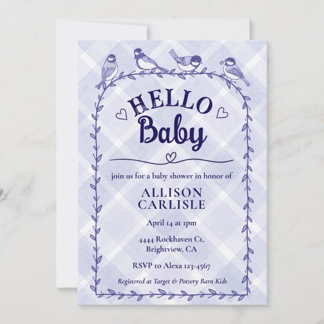 005 Iris Watercolor Gingham Birds Baby Shower Inbjudningar (Framsida)