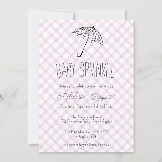 006 Modernt paraply Gingham Baby Sprinkle Inbjudningar (Framsida)