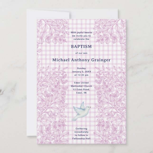 006 Vin Duva Botanisk Kors Gingham Dop Inbjudningar (Framsida)
