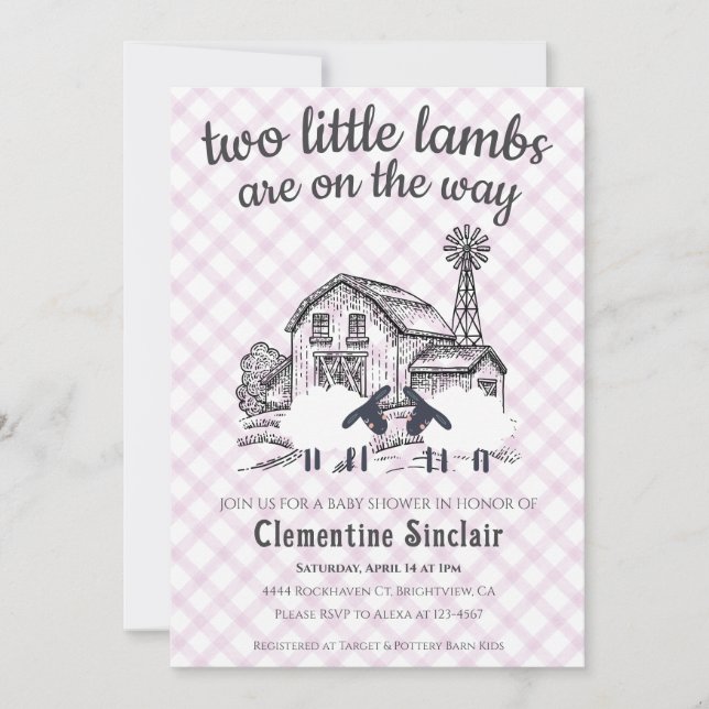 006 Vin Lila 2 Små Lamm Gingham Baby Shower Inbjudningar (Framsida)