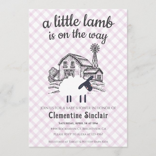 006 Vin Lila Ett Litet Lamm Randigt Babykalas Inbjudningar (Framsida)