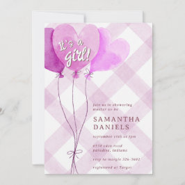 006 Vinröd hjärtbalong i gingham Baby Shower Inbjudningar