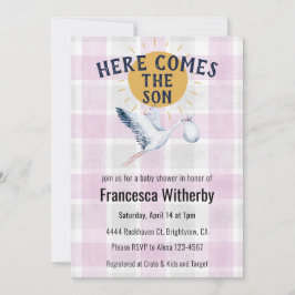 006 Wine 020 Fog Sun Plaid Stork Baby Shower Inbjudningar