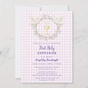 006 Wine Dove & Gingham Kalk Duplex första kommuni Inbjudningar