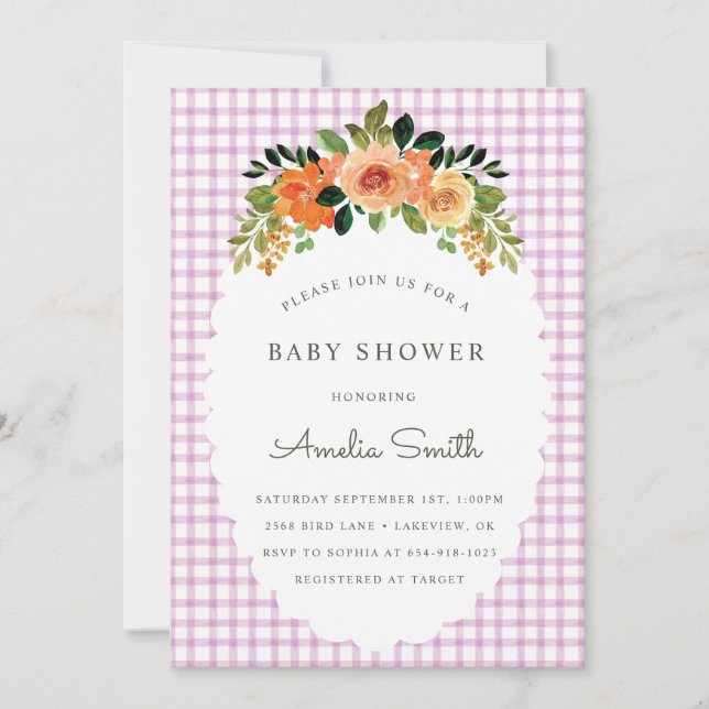 006 Wine Floral Gingham Baby Shower Invitations Inbjudningar (Framsida)