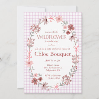 006 Wine Purple Wildflower Bow Gingham Baby Shower Inbjudningar