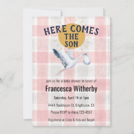 007 Red 020 Fog Sun Plaid Stork Baby Shower Inbjudningar