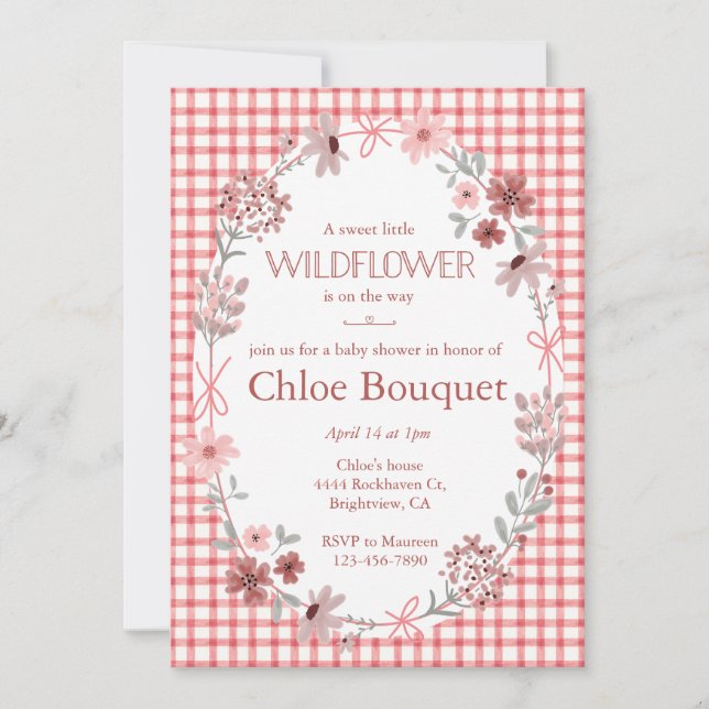 007 Red Boho Wildflower Bow Gingham Baby Shower Inbjudningar (Framsida)