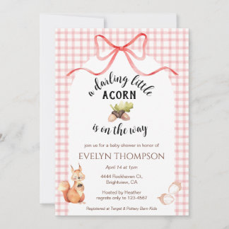 007 Red Cute Squirrel Acorn Gingham Baby Shower Inbjudningar