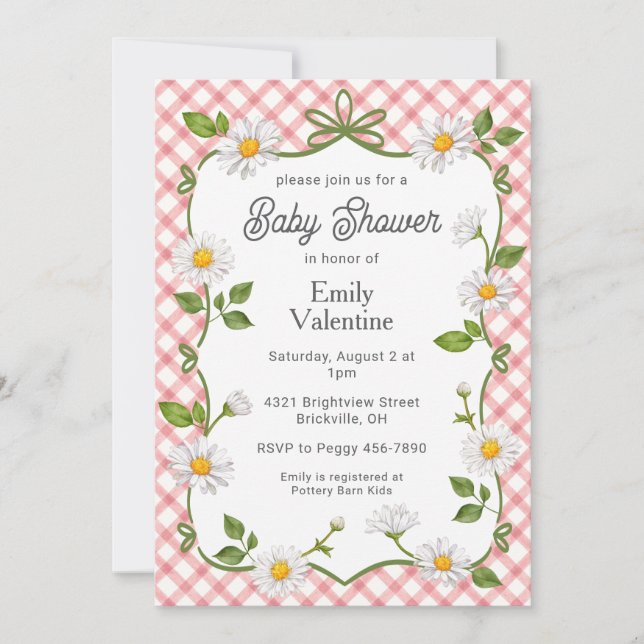 007 Red Floral Daisy Plaid Baby Shower Inbjudningar (Framsida)